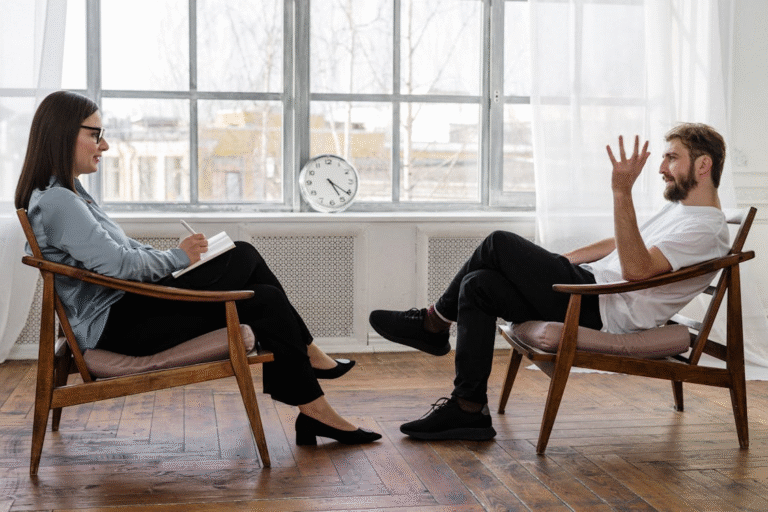 Two people talking