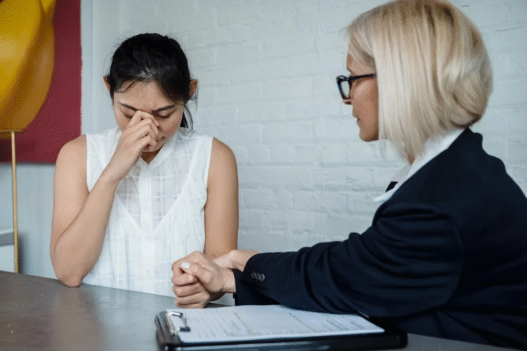 Young woman talking to therapist