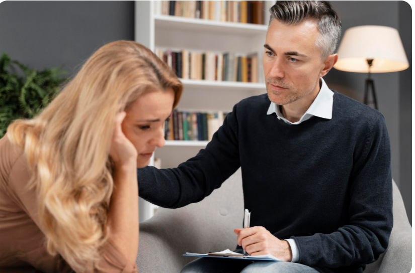 Addiction counsellor speaking with a client during a one-on-one session