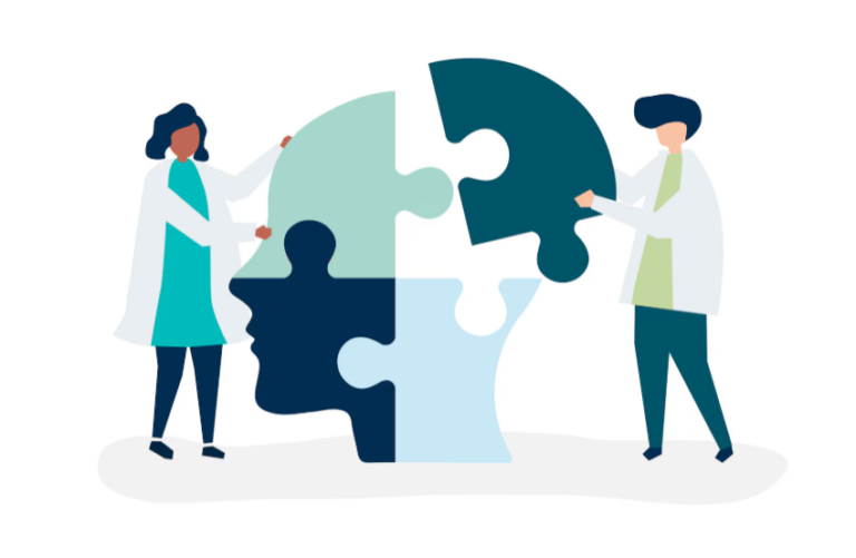 Addiction therapists helping individuals connect jigsaw puzzle pieces representing brain healing and recovery