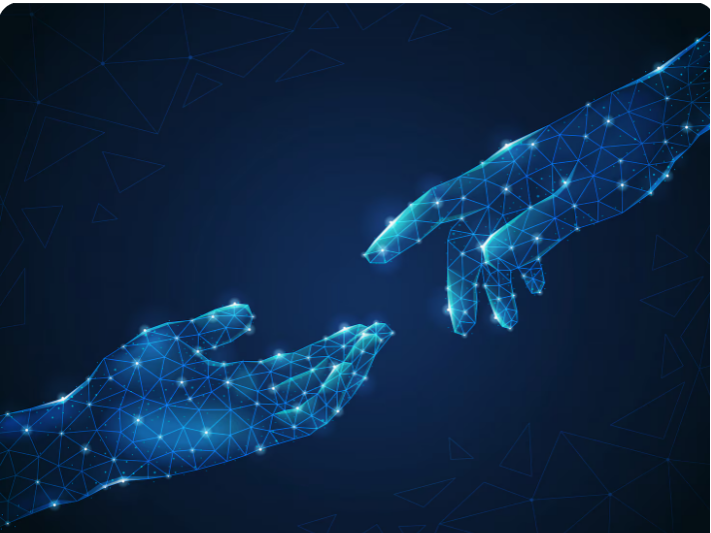 Two luminescent polygonal wireframe human hands reaching toward each other symbolizing connection and support in recovery
