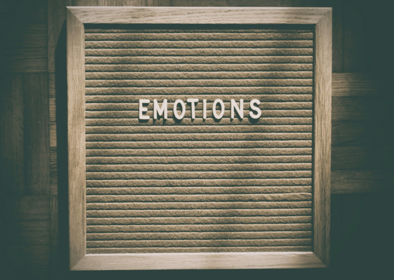The word ‘emotions’ written on a wooden frame